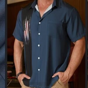 Hardaddy Men's American Flag Navy Blue Short Sleeve Button-Up Collar Shirt